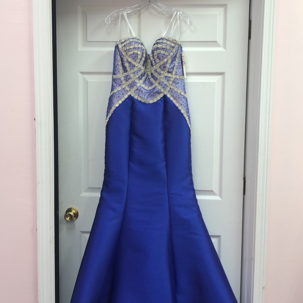 NET BLUE SATIN MERMAID DRESS - Picture 3 of 7